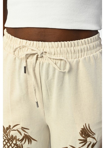 Kadın Beli Lastikli Bol Paça Nakışlı ve Inci Işlemeli Pantolon fiyatları