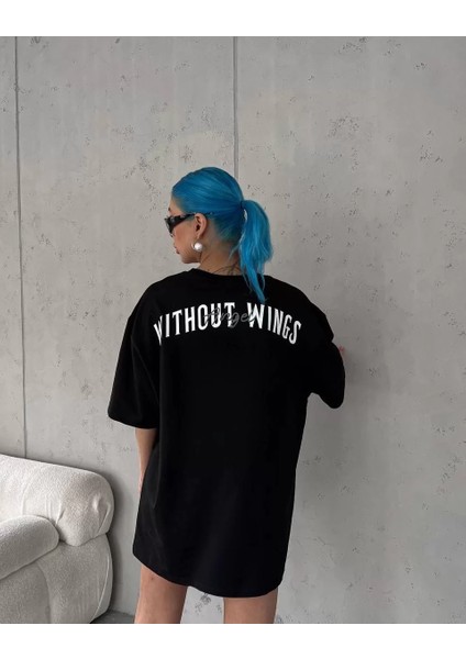 Unisex Bisiklet Yaka Baskılı Oversize T-Shirt - Siyah modelleri