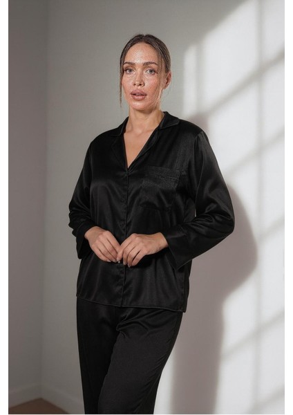 Siyah Saten Ikili Pijama Takımı L