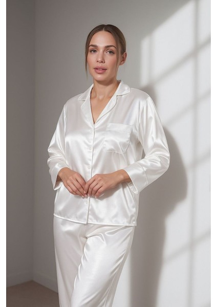 Beyaz Saten Ikili Pijama Takımı L