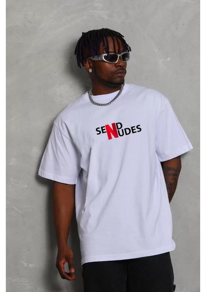 Unisex Bisiklet Yaka Double Oversize Baskılı T-Shirt - Beyaz