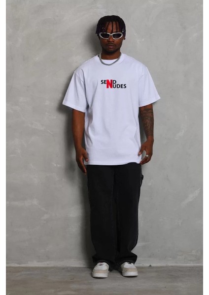 Unisex Bisiklet Yaka Double Oversize Baskılı T-Shirt - Beyaz fiyatları