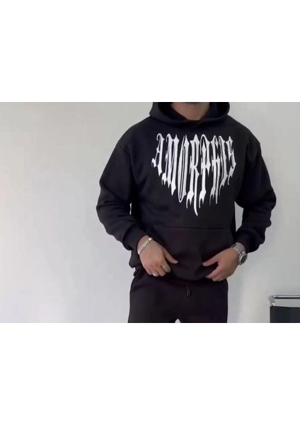 Uzun Kol Kapüşonlu Baskılı Sweatshirt - Siyah modelleri