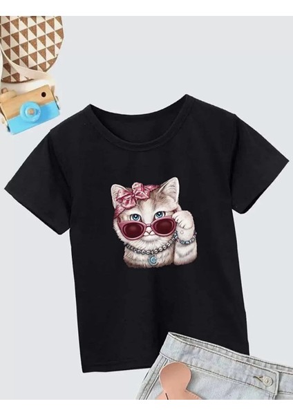 Kız Çocuk Bisiklet Yaka Baskılı T-Shirt - Siyah