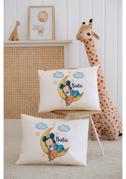 %100 Pamuk Isme Özel 2li Ekru Bebek Yastık Kılıfı 35X45 Cm-Mickey Mouse