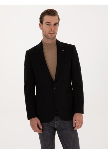 Erkek Siyah Slim Fit %100 Kaşmir Flanel Ceket 50314254-VR046