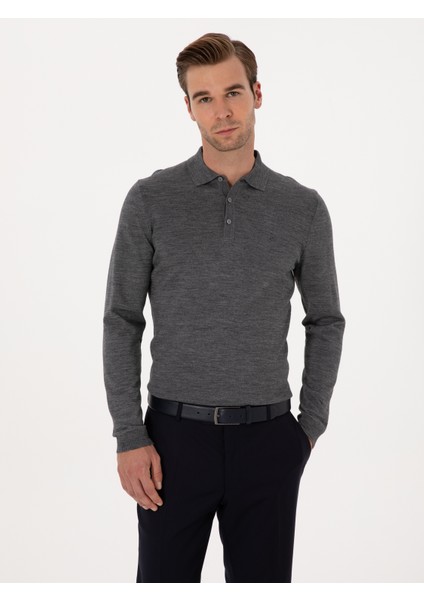 Erkek Füme Slim Fit Yün Karışımlı Polo Yaka Basic Triko Kazak 50315267-VR058