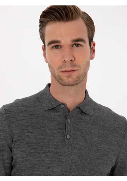 Erkek Füme Slim Fit Yün Karışımlı Polo Yaka Basic Triko Kazak 50315267-VR058 fiyatları