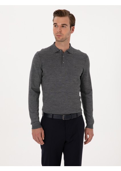 Erkek Füme Slim Fit Yün Karışımlı Polo Yaka Basic Triko Kazak 50315267-VR058 modelleri