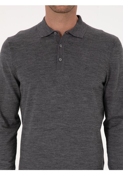 Erkek Füme Slim Fit Yün Karışımlı Polo Yaka Basic Triko Kazak 50315267-VR058