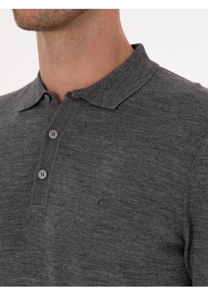Erkek Füme Slim Fit Yün Karışımlı Polo Yaka Basic Triko Kazak 50315267-VR058