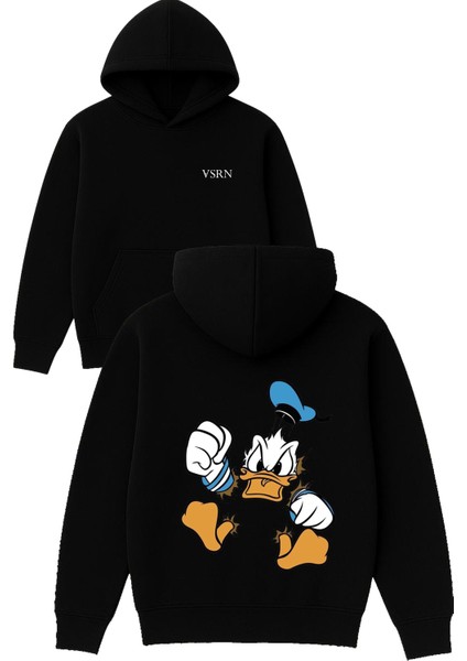 Sinirli Duck Tasarım Baskılı Oversize Siyah Kapüşonlu Sweatshirt