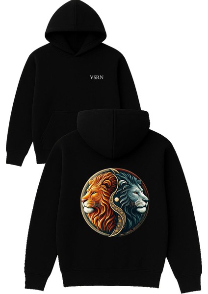 Iki Aslan Tasarım Baskılı Oversize Siyah Kapüşonlu Sweatshirt