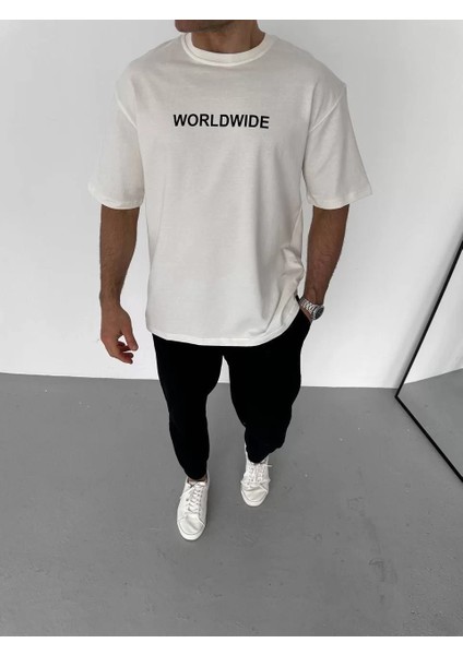 Unisex Bisiklet Yaka Baskılı Oversize T-Shirt - Beyaz