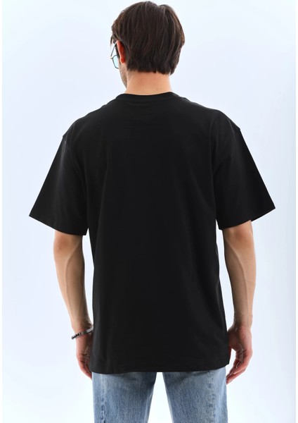 Unisex Oversize Taşlı Bisiklet Yaka T-Shirt - Siyah fiyatları