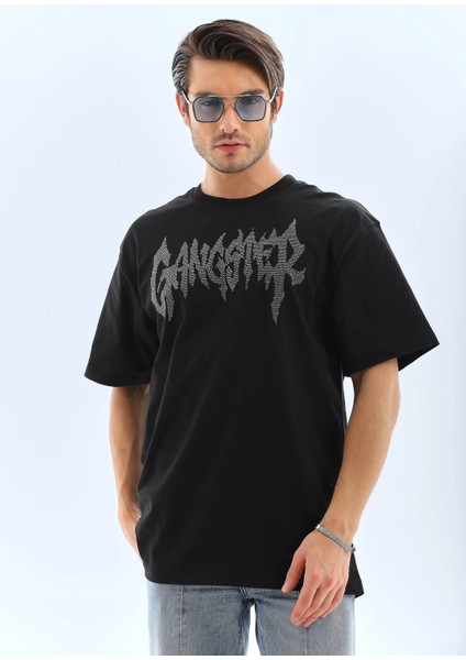 Unisex Oversize Taşlı Bisiklet Yaka T-Shirt - Siyah indirimleri