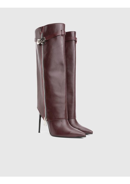 Bellina Hakiki Deri Bordo Kadın Topuklu Çizme
