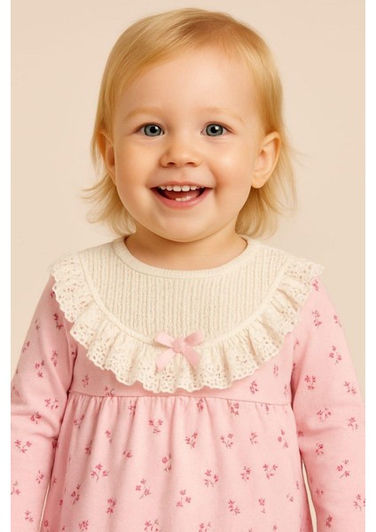 Kız Bebek Çiçek Desenli Dantelli Fırfırlı Yaka 2li Takım Uzun Kollu Mevsimlik 3-6-9-12-18-24AY fiyatları