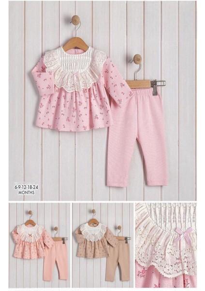 Kız Bebek Çiçek Desenli Dantelli Fırfırlı Yaka 2li Takım Uzun Kollu Mevsimlik 3-6-9-12-18-24AY fırsatları