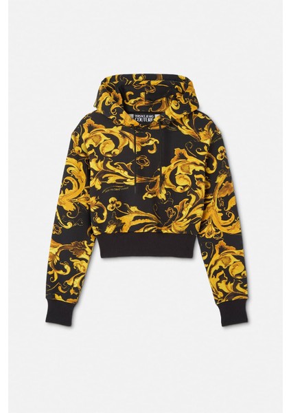 Kadın Crop Fit Barok Desenli Kapüşonlu Sweatshirt - Siyah/gold