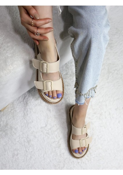 Kadın Çift Bantlı Kalın Taban Ortopedik Sandalet Bej