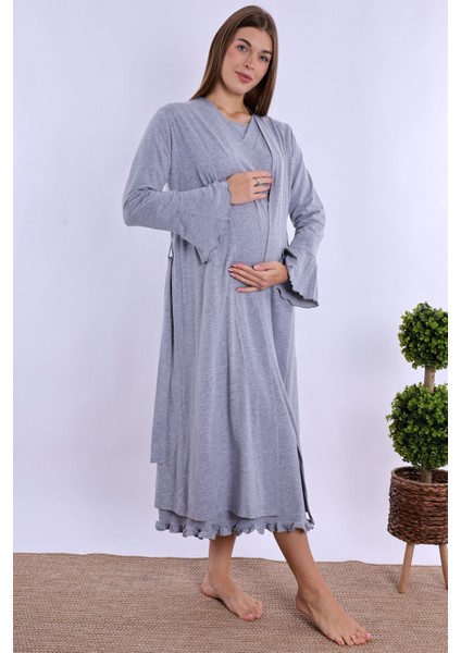 Gri Sabahlıklı Hamile Lohusa Gecelik Takım fırsatları