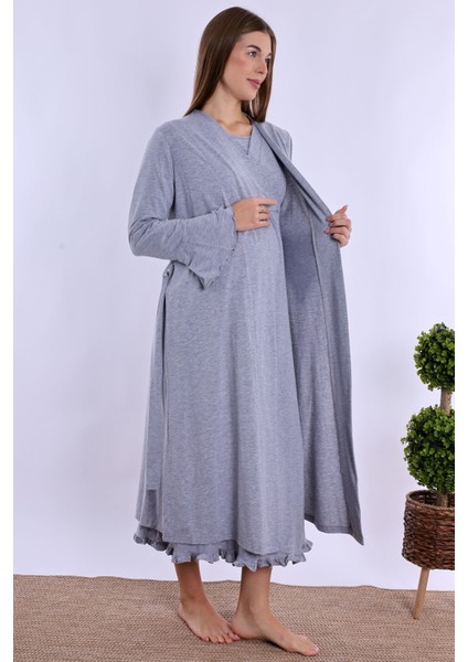 Gri Sabahlıklı Hamile Lohusa Gecelik Takım