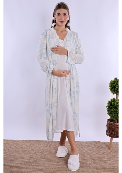 Mavi/ekru Sabahlıklı Hamile Lohusa Gecelik Takım