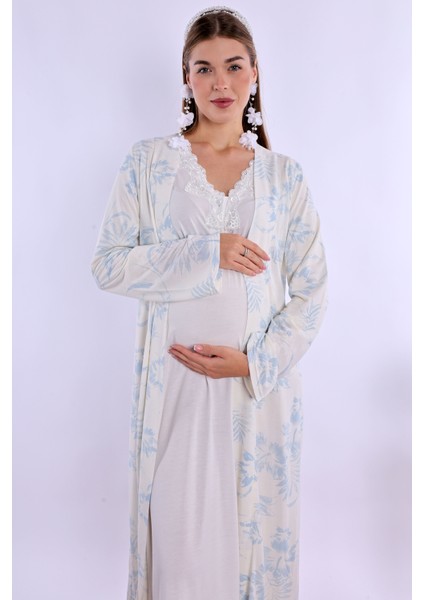 Mavi/ekru Sabahlıklı Hamile Lohusa Gecelik Takım fiyatları