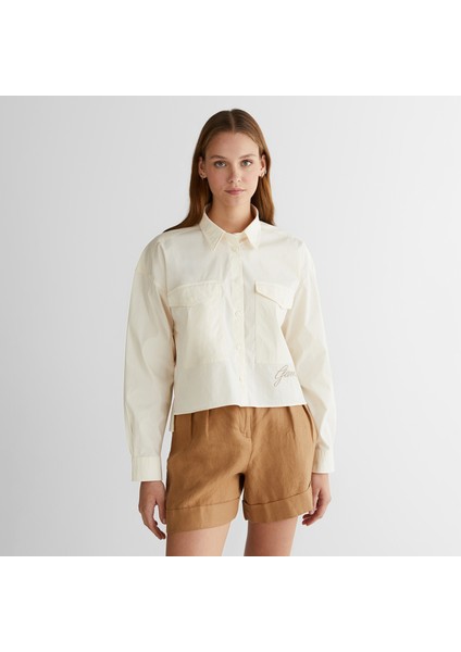 Kadın Krem Klasik Yaka Logolu Gömlek