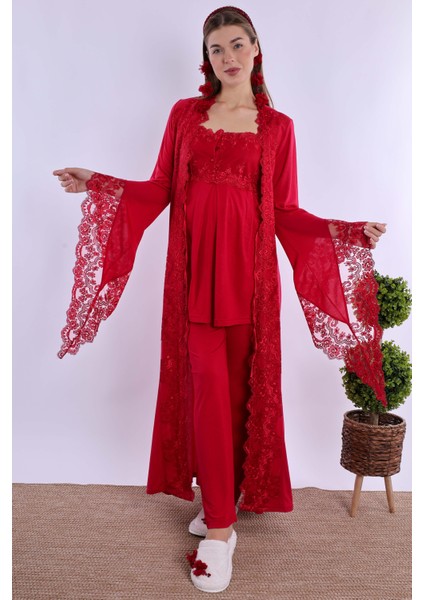 Vişne Sabahlıklı Hamile Lohusa Pijama Takımı