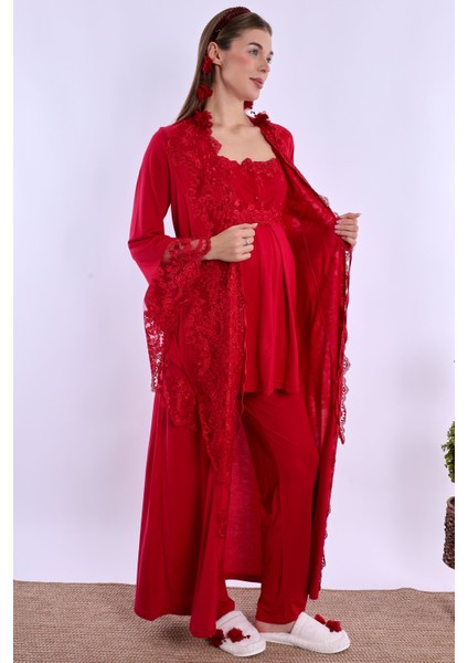 Vişne Sabahlıklı Hamile Lohusa Pijama Takımı