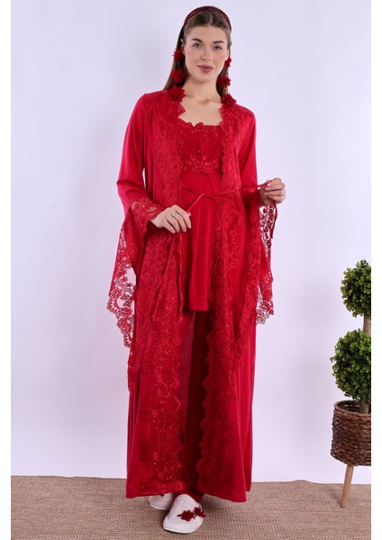 Vişne Sabahlıklı Hamile Lohusa Pijama Takımı