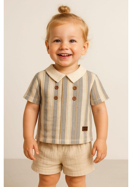 Erkek Bebek/çocuk Yakalı 2li Takım Ham Keten Yazlık Kumaş Alt Üst 3-6-9-12-19-24AYLIK