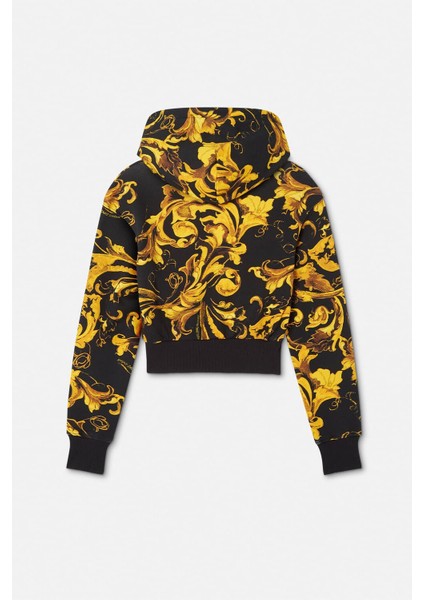 Kadın Crop Fit Barok Desenli Kapüşonlu Sweatshirt - Siyah/gold fiyatları