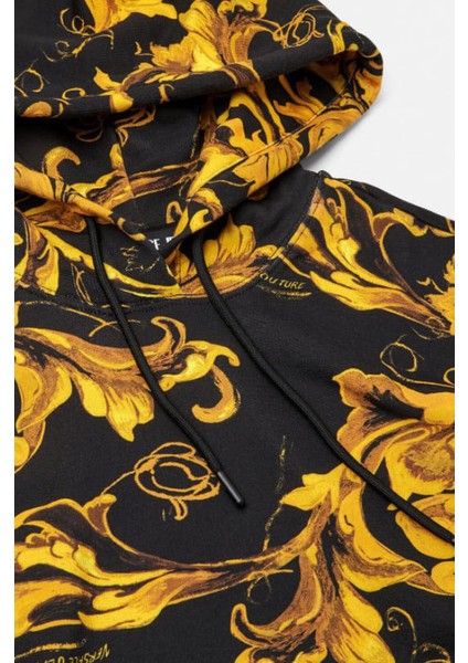 Kadın Crop Fit Barok Desenli Kapüşonlu Sweatshirt - Siyah/gold modelleri