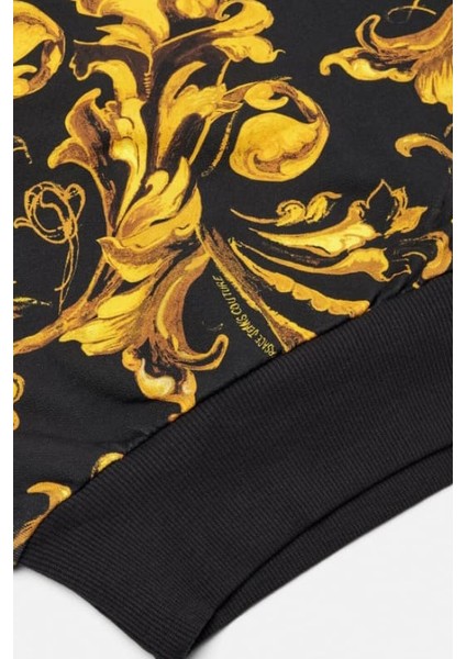 Kadın Crop Fit Barok Desenli Kapüşonlu Sweatshirt - Siyah/gold fırsatları