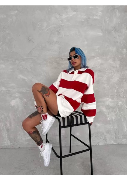 Unisex Üç Iplik Parçalı Yakalı Sweatshirt - Kırmızı fırsatları