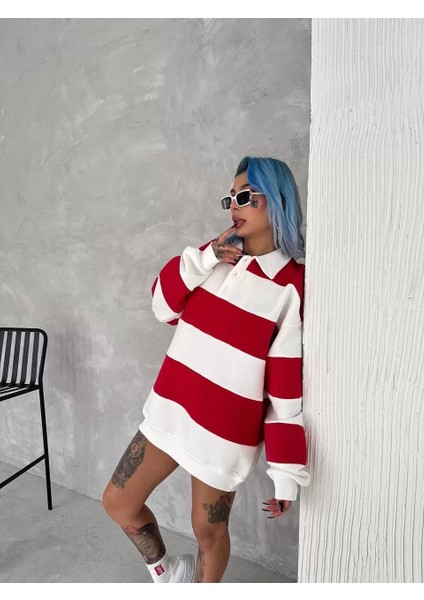 Unisex Üç Iplik Parçalı Yakalı Sweatshirt - Kırmızı indirimleri