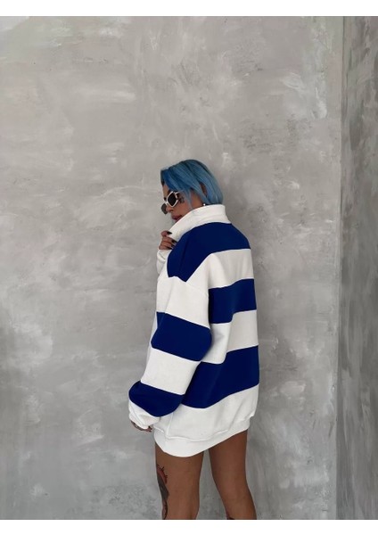 Unisex Üç Iplik Parçalı Yakalı Sweatshirt - Mavi fiyatları