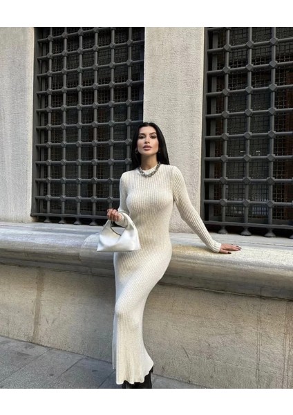 Bisiklet Yaka Fitilli Uzun Elbise - Beyaz fiyatları