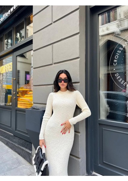 Bisiklet Yaka Fitilli Uzun Elbise - Beyaz modelleri