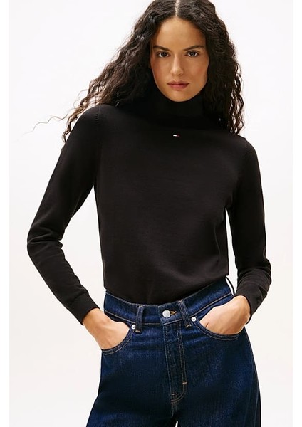 Kadın Essential Slim Fit Balıkçı Yaka Kazak - Siyah