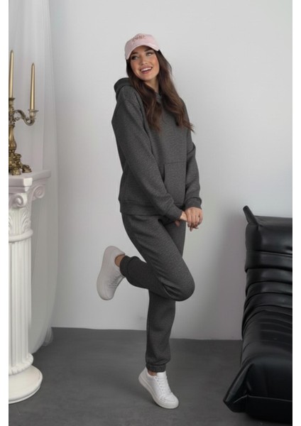 Kadın 3 Iplik Şardonlu Kapşonlu Sweatshirt Paçası Lastikli Antrasit Eşofman Takımı