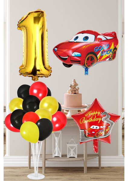 1 Yaş Yarış Arabası Temalı Gold Rakamlı Balonlu Doğum Günü Süsleme