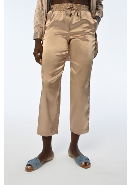 Kadın Beli Lastikli Rahat Kalıp Altın Renk Kumaş Pantolon