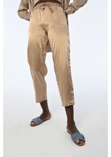 Kadın Beli Lastikli Rahat Kalıp Altın Renk Kumaş Pantolon fırsatları