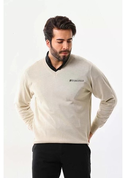 Baskılı V Yaka Uzun Kol Dokuma Triko - Bej