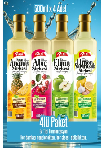 Paşa Premium 4’lü Sirke Seti – Detoks Ananas, Elma, Alıç ve Limon Sarımsak Sirkesi
