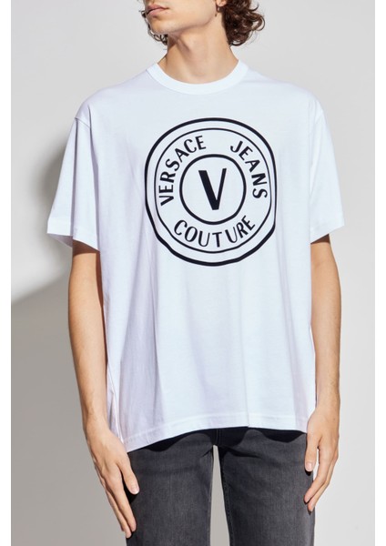 Erkek Regular Fit V Amblemli Bisiklet Yaka T-Shirt - Beyaz